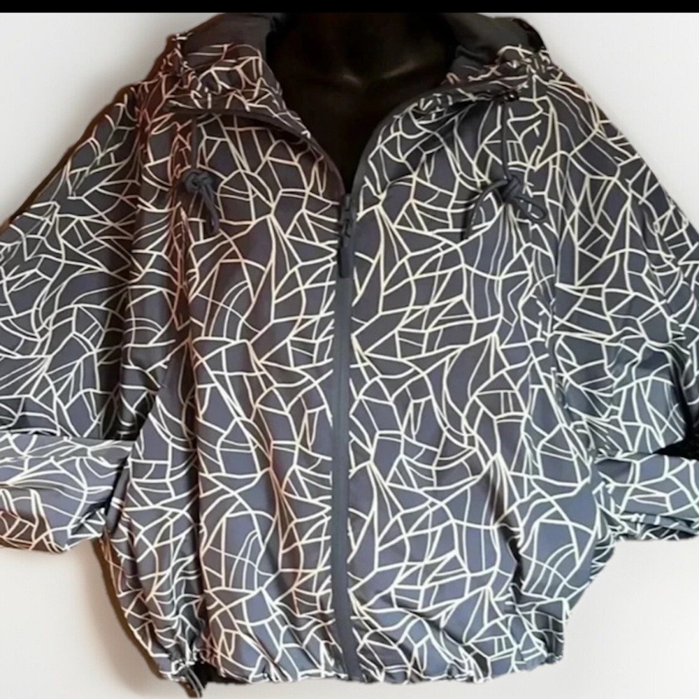 Traj3ctory Hooded RainJacket Windbreaker Abstract Dolman Sleeve Large cinchwaist